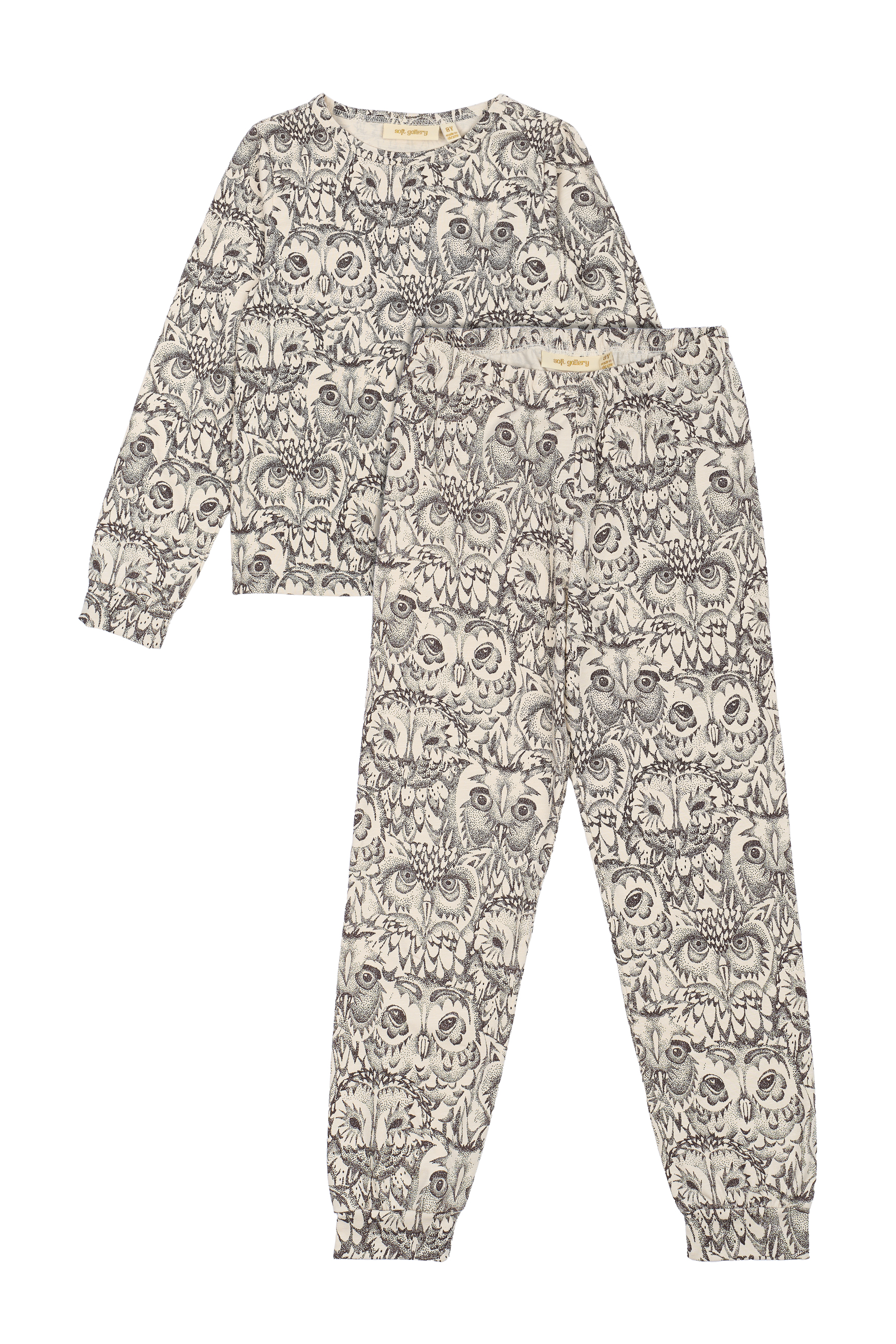 Set pijama cu imprimeu bufnițe, crem