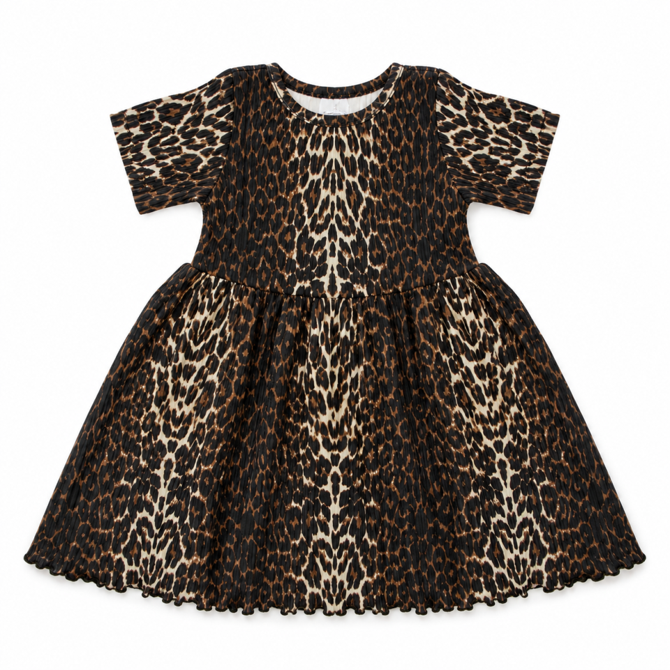 Rochie rib cu imprimeu leopard și mânecă scurtă