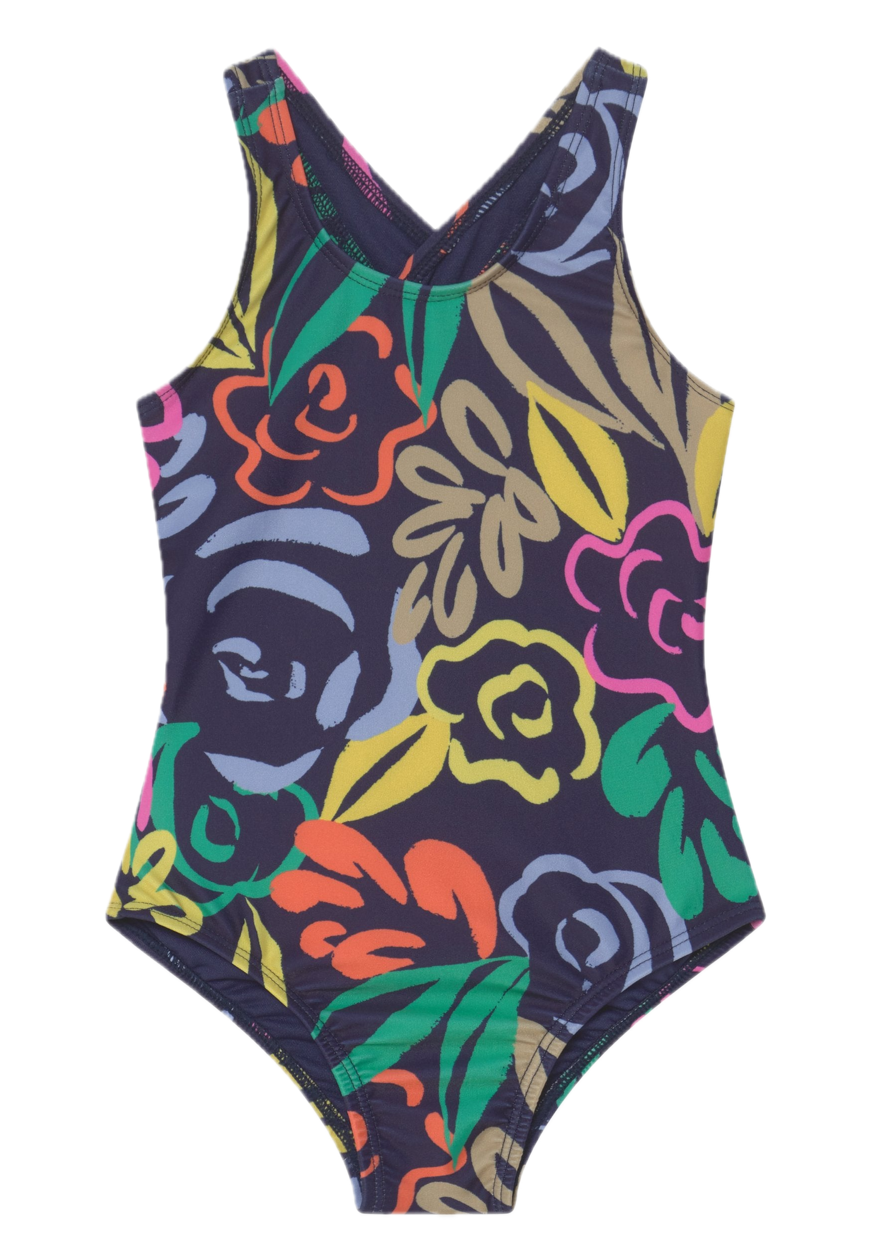 Costum de baie întreg fete, bleumarin cu flori pictate