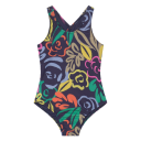 Costum de baie întreg fete, bleumarin cu flori pictate