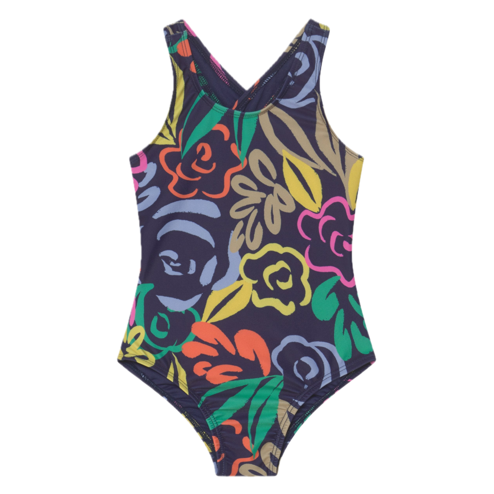 Costum de baie întreg fete, bleumarin cu flori pictate