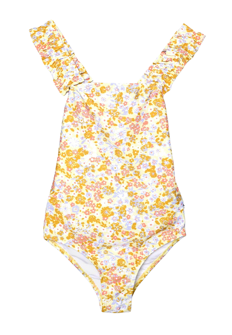 Costum de baie întreg fete cu volănașe la umeri, floral galben