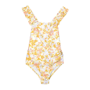 Costum de baie întreg fete cu volănașe la umeri, floral galben