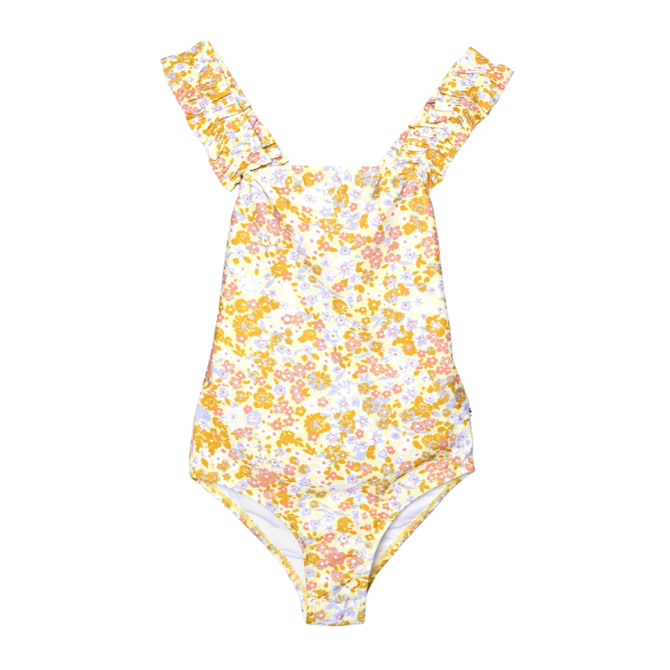Costum de baie întreg fete cu volănașe la umeri, floral galben