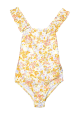 Costum de baie întreg fete cu volănașe la umeri, floral galben
