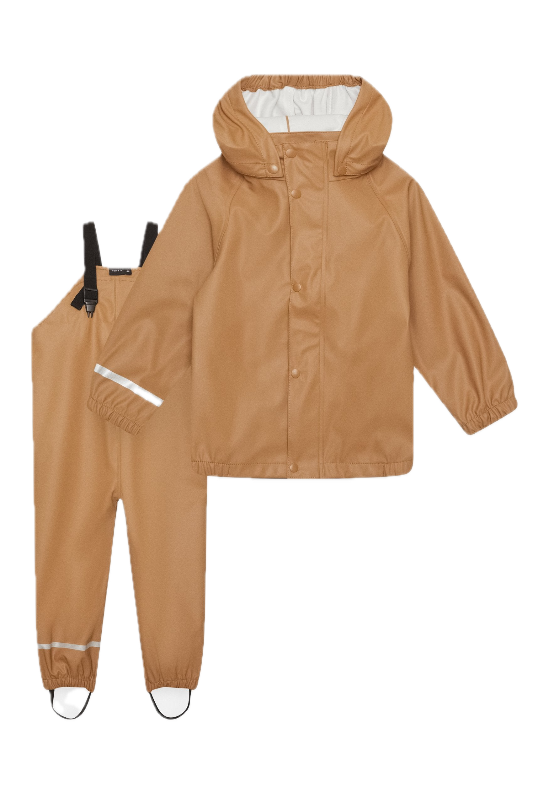 Set de ploaie geacă și pantaloni cu bretele, camel