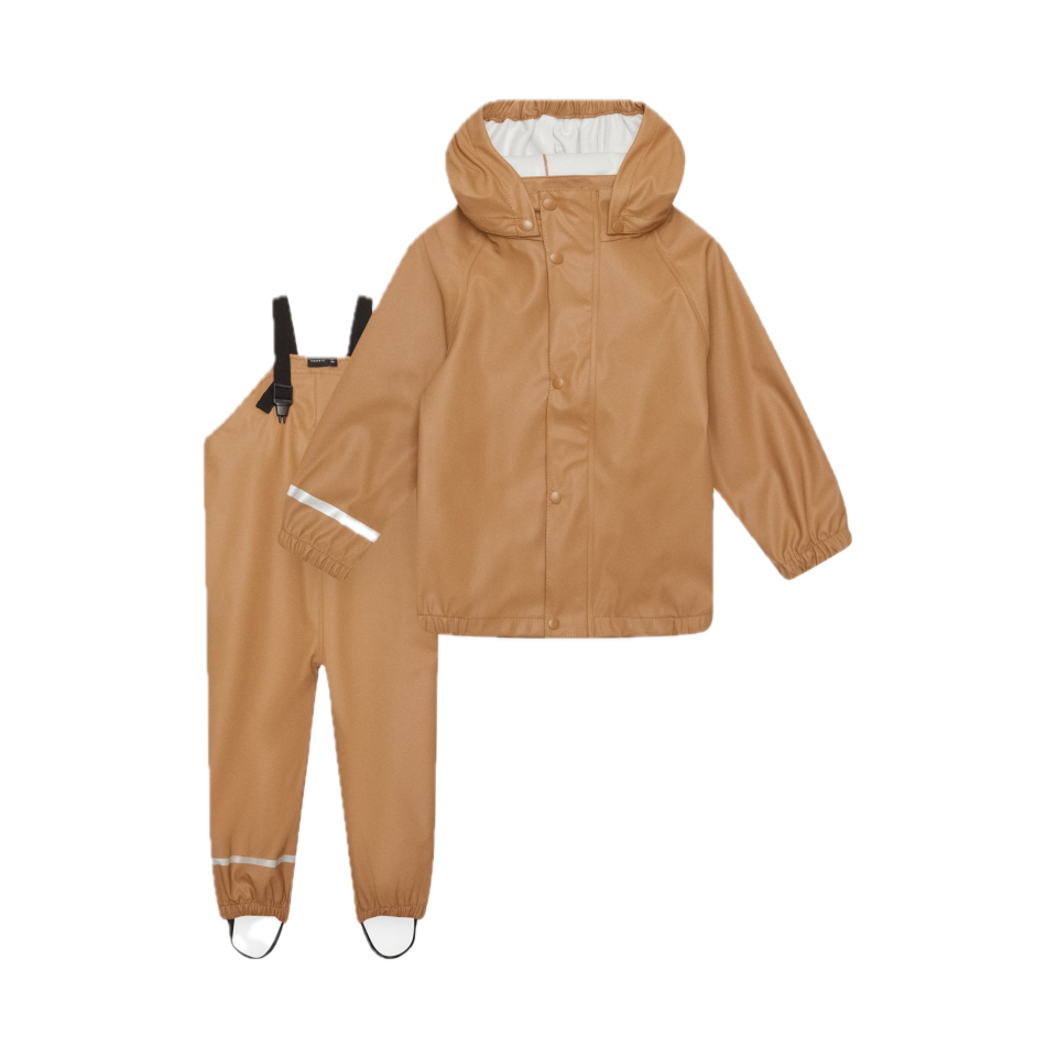 Set de ploaie geacă și pantaloni cu bretele, camel
