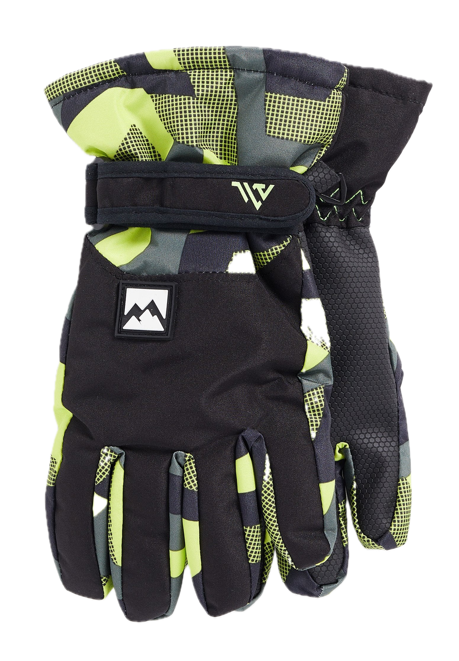 Mănuși de schi cu imprimeu geometric, negru cu verde lime